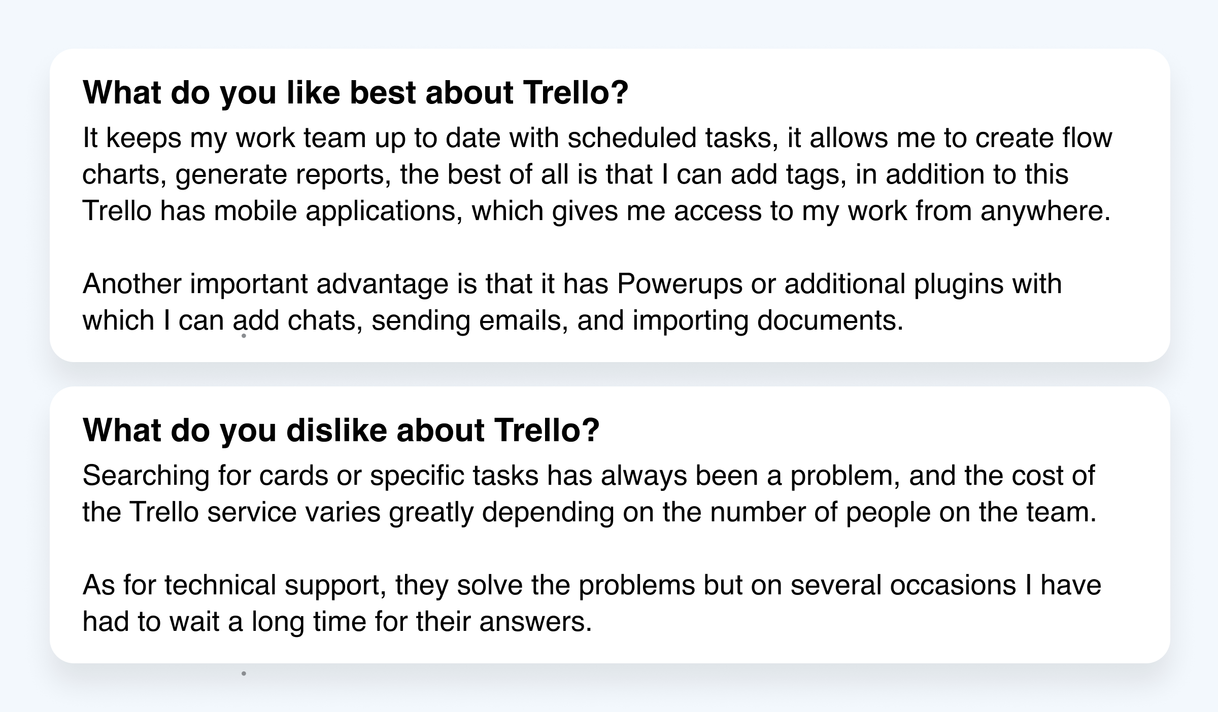 Screenshot of a user review listing things they like and dislike about Trello.