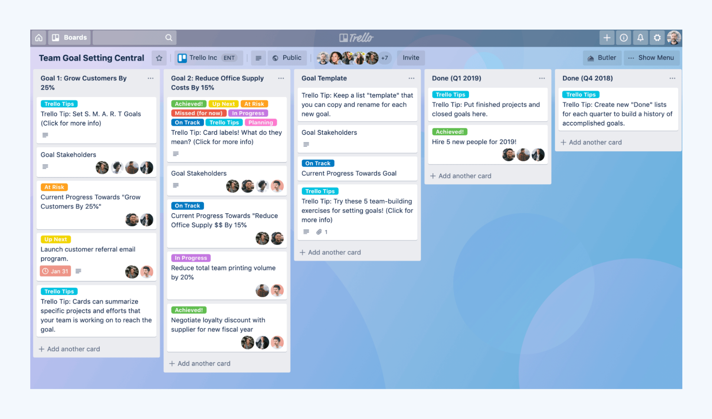 Trello's board view interface displaying a project management workflow