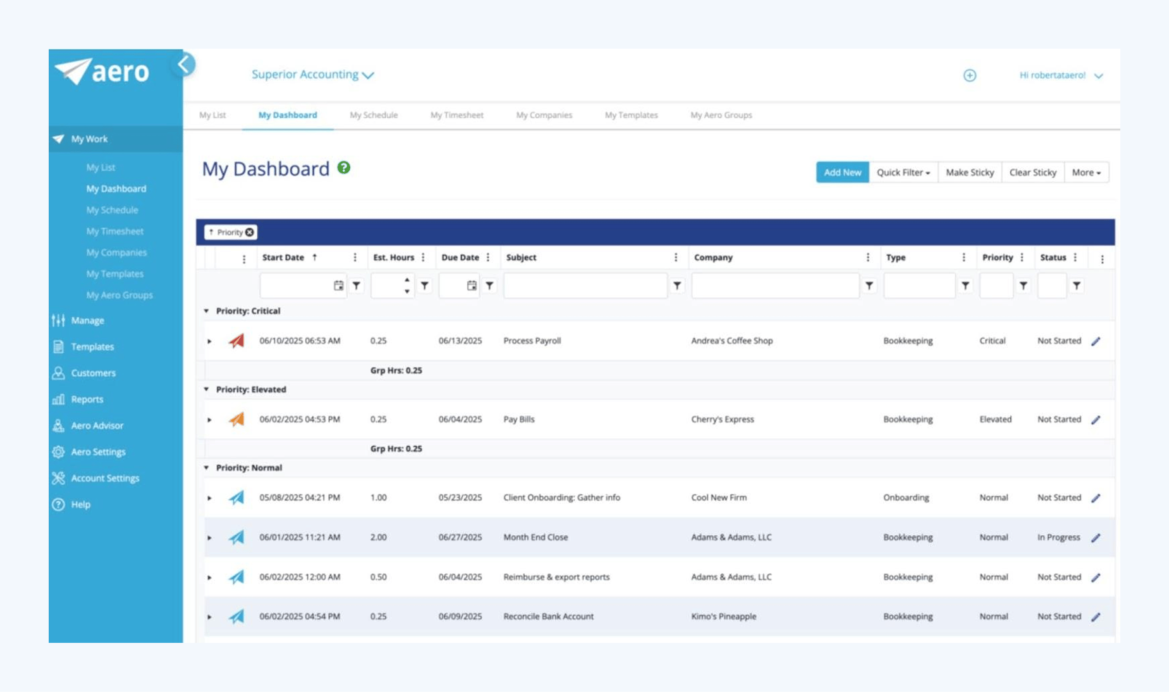 Aero Workflow main dashboard