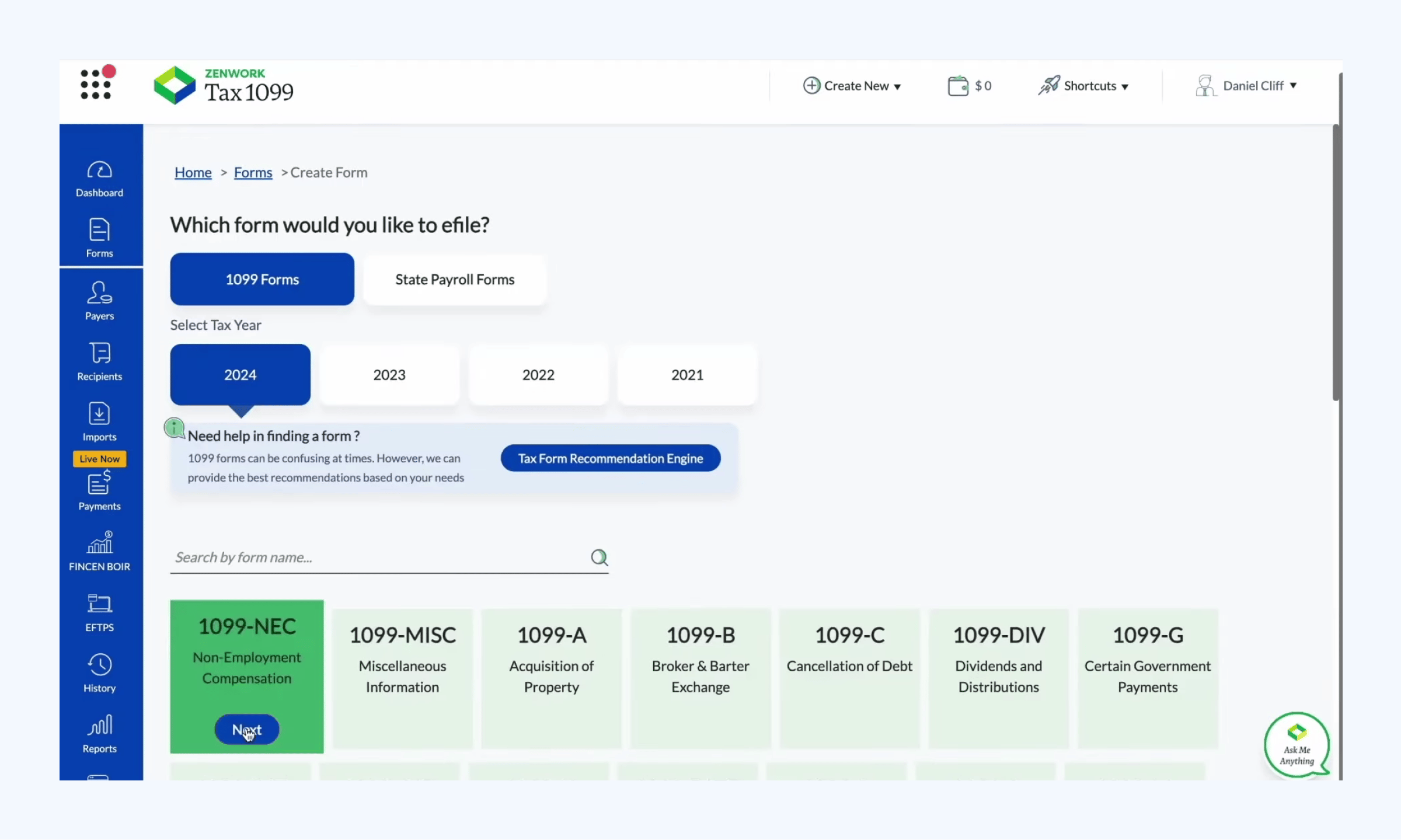 Screenshot of Tax1099 dashboard showing form options