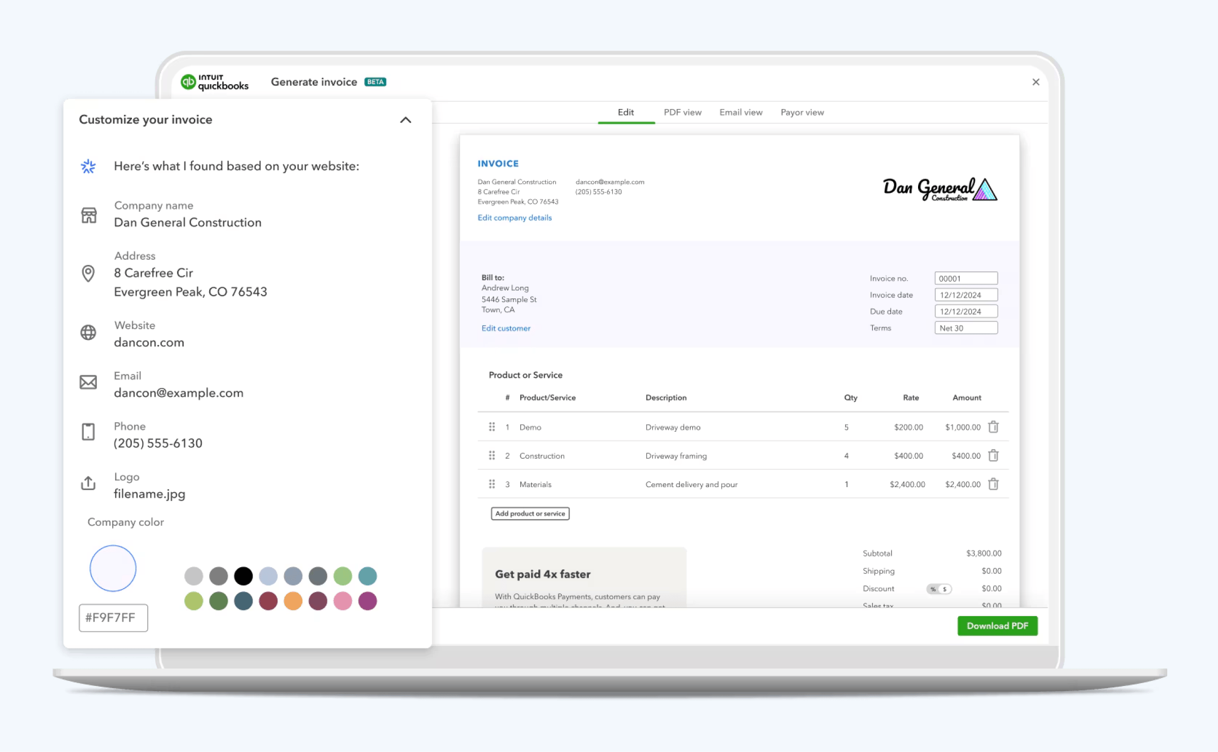 QuickBooks Online invoicing dashboard screenshot