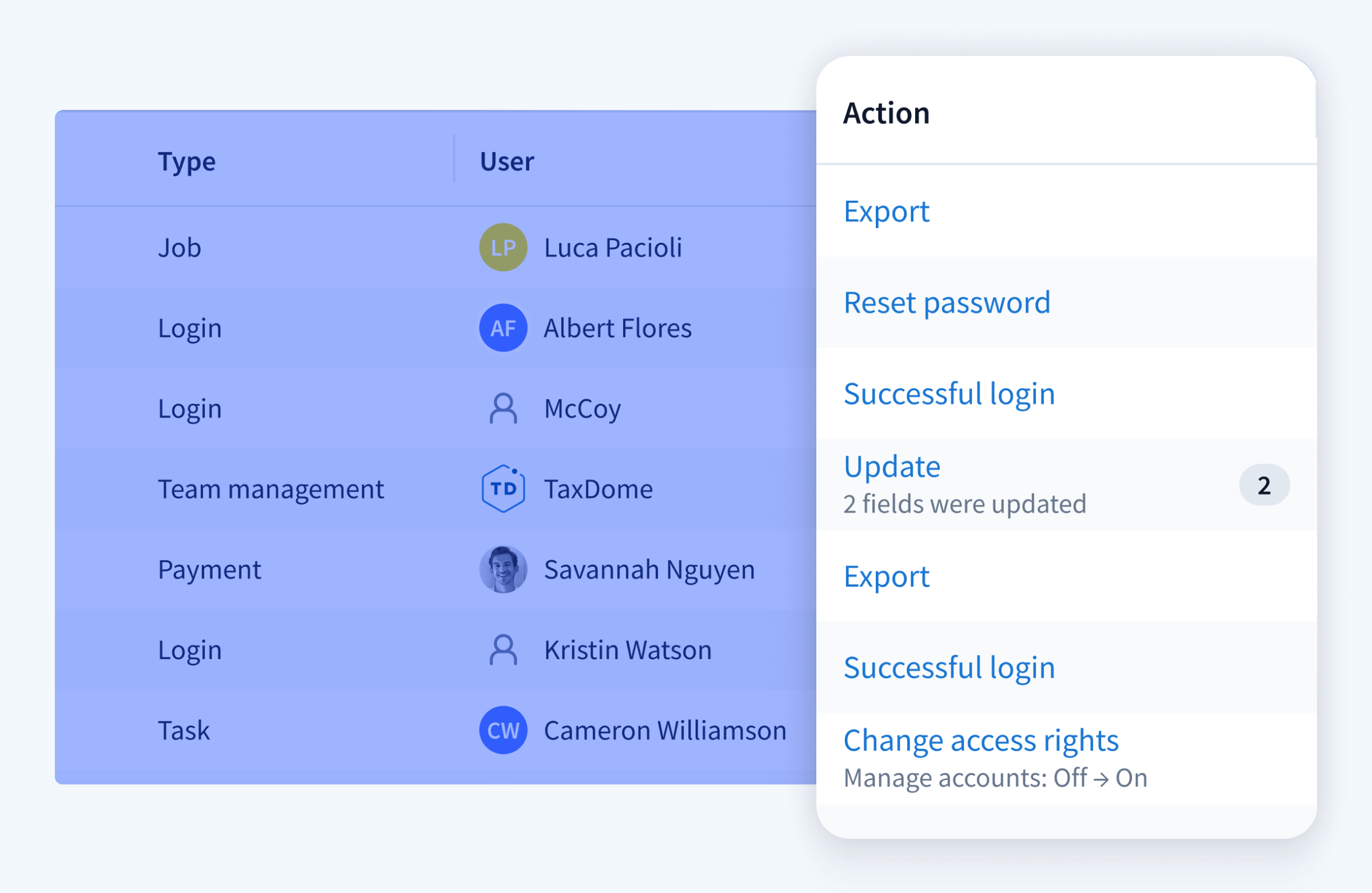 Screenshot of TaxDome interface showing audit trail and activity feed