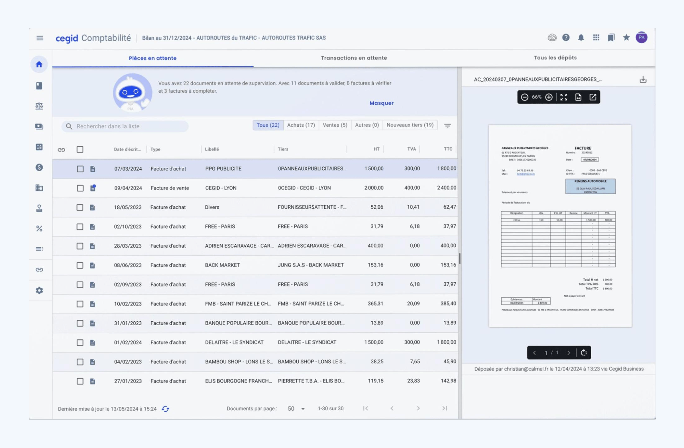 a screenshot showing the pending documents tab in Cegid Accounting