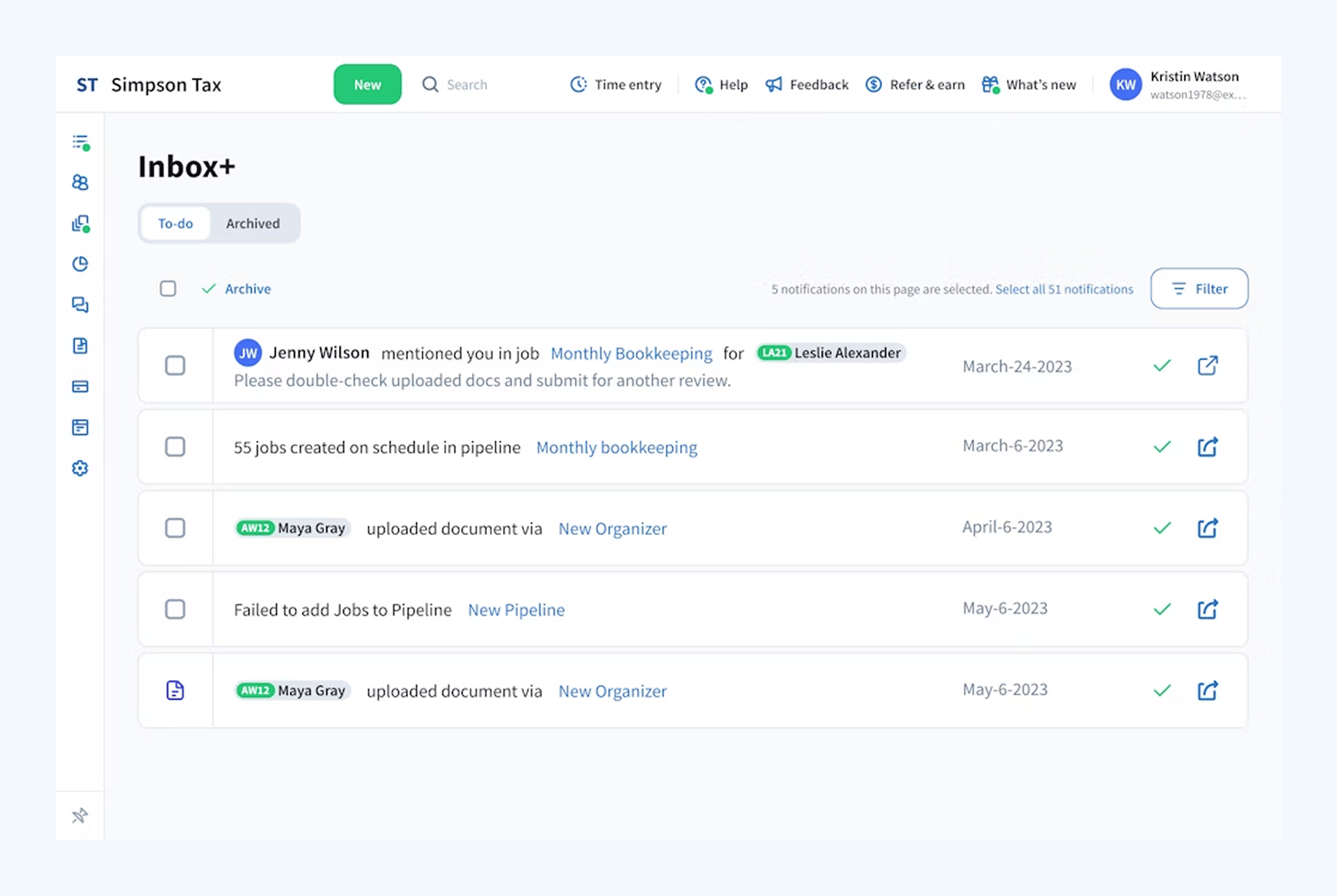 TaxDome Inbox+ view with activity notifications