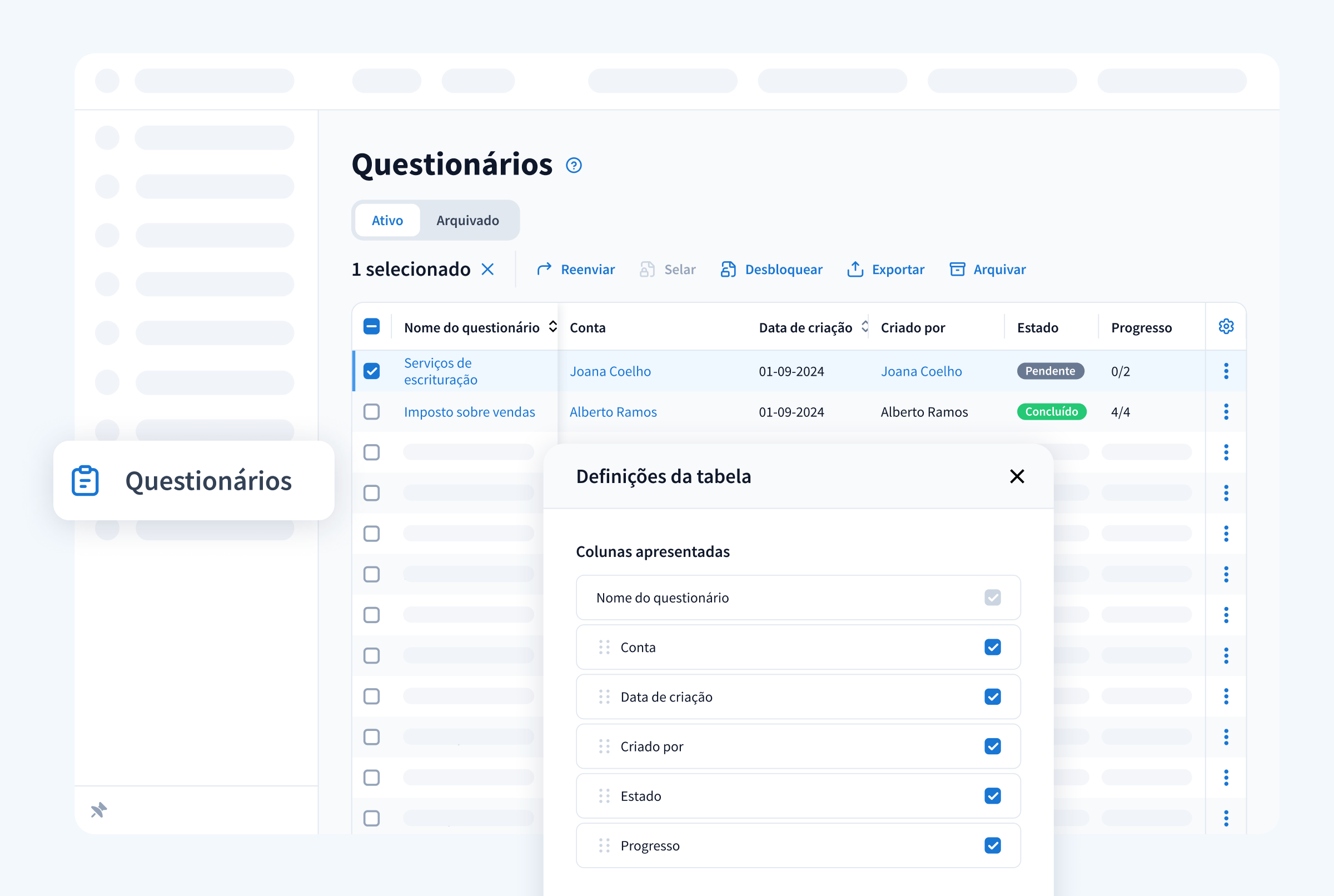 Uma captura de ecrã do novo menu global dos Questionários