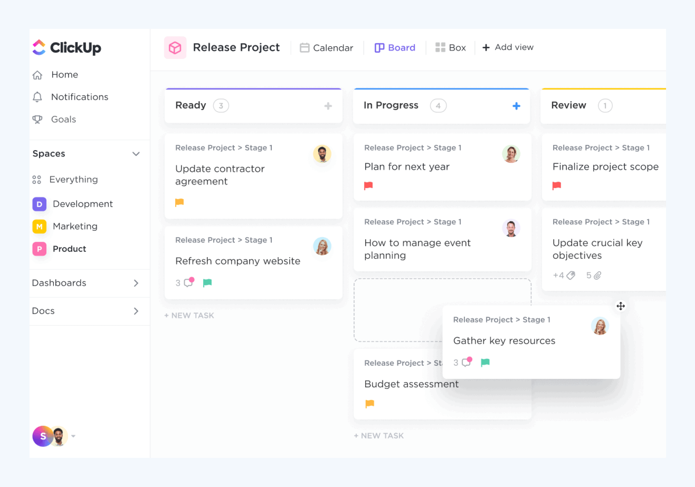 ClickUp's board view interface displaying a project management workflow