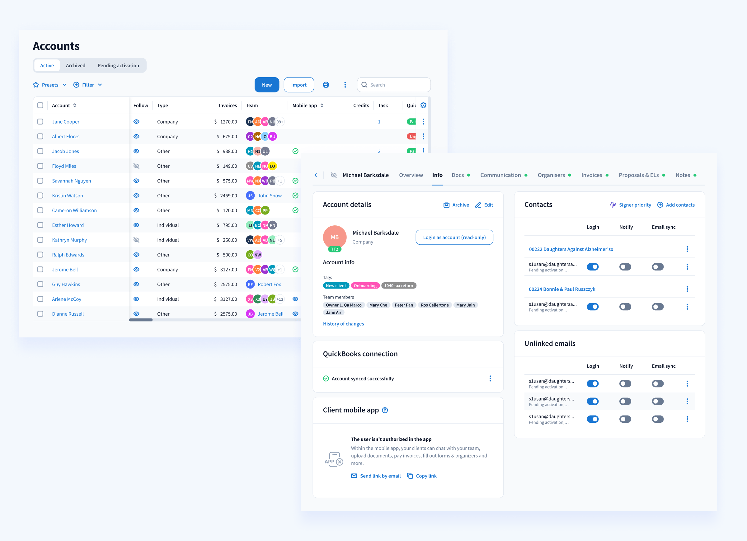 Image of the accounts page with the new column, indicating whether clients have downloaded the client mobile app.