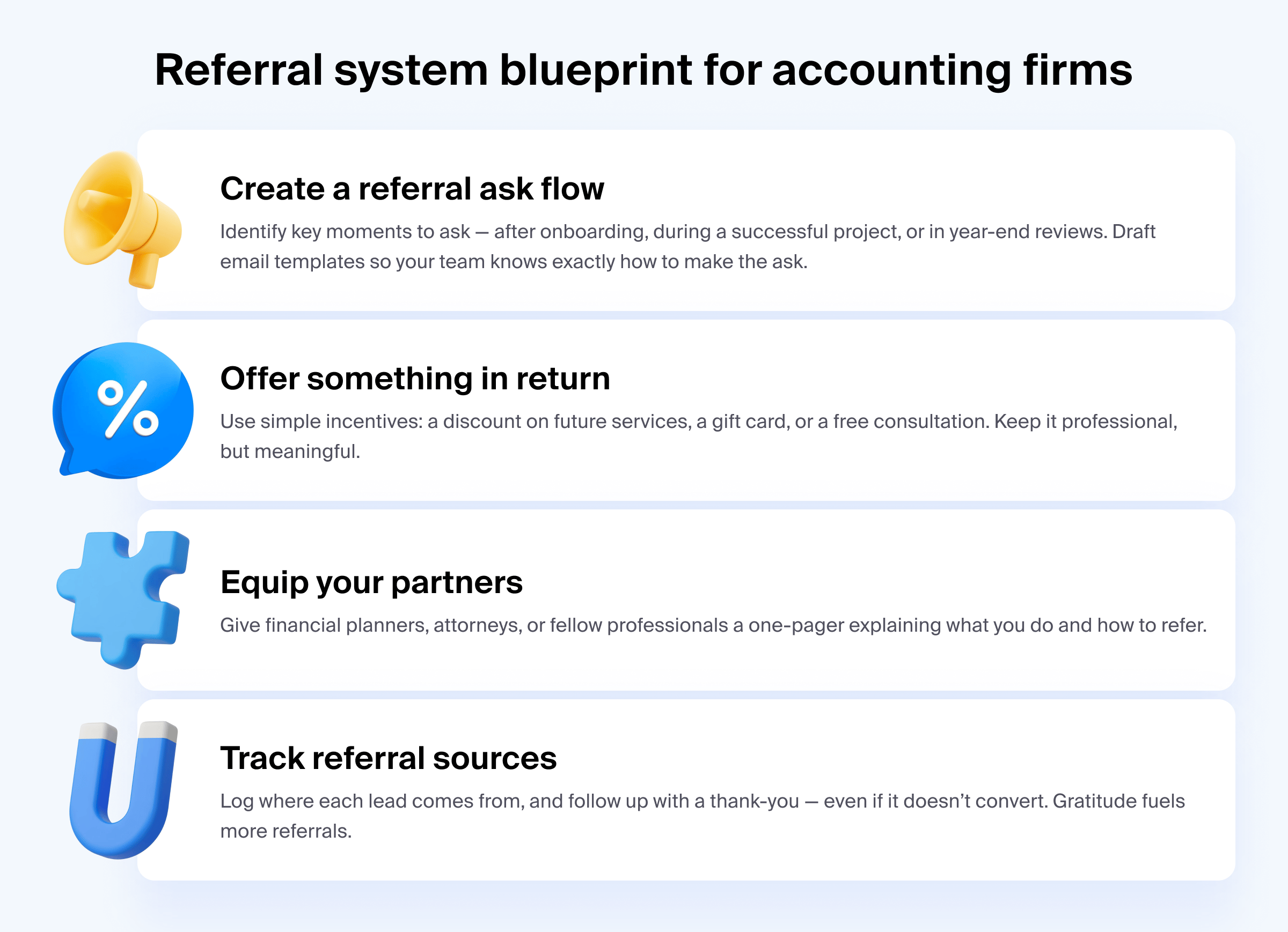 Infographic showing how to build a referral program for accounting firms