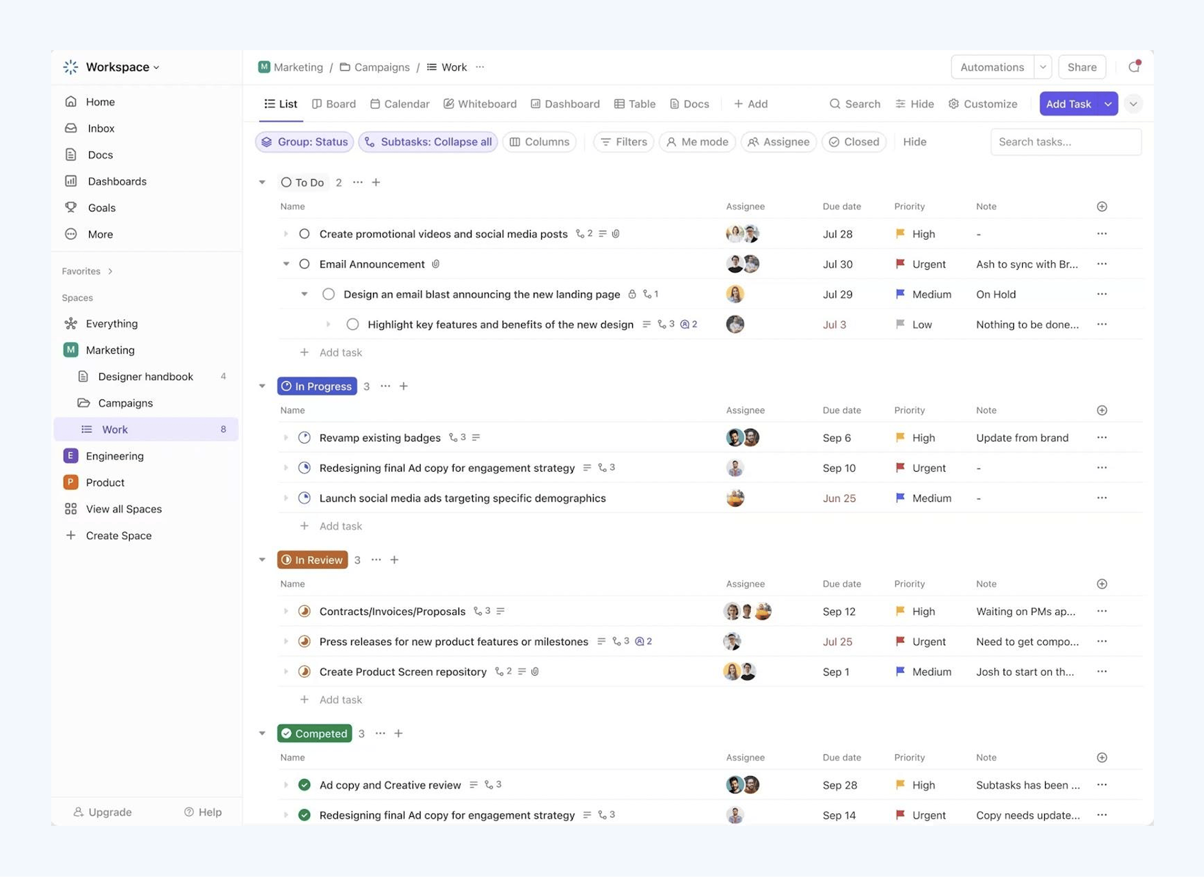 ClickUp task management list view 