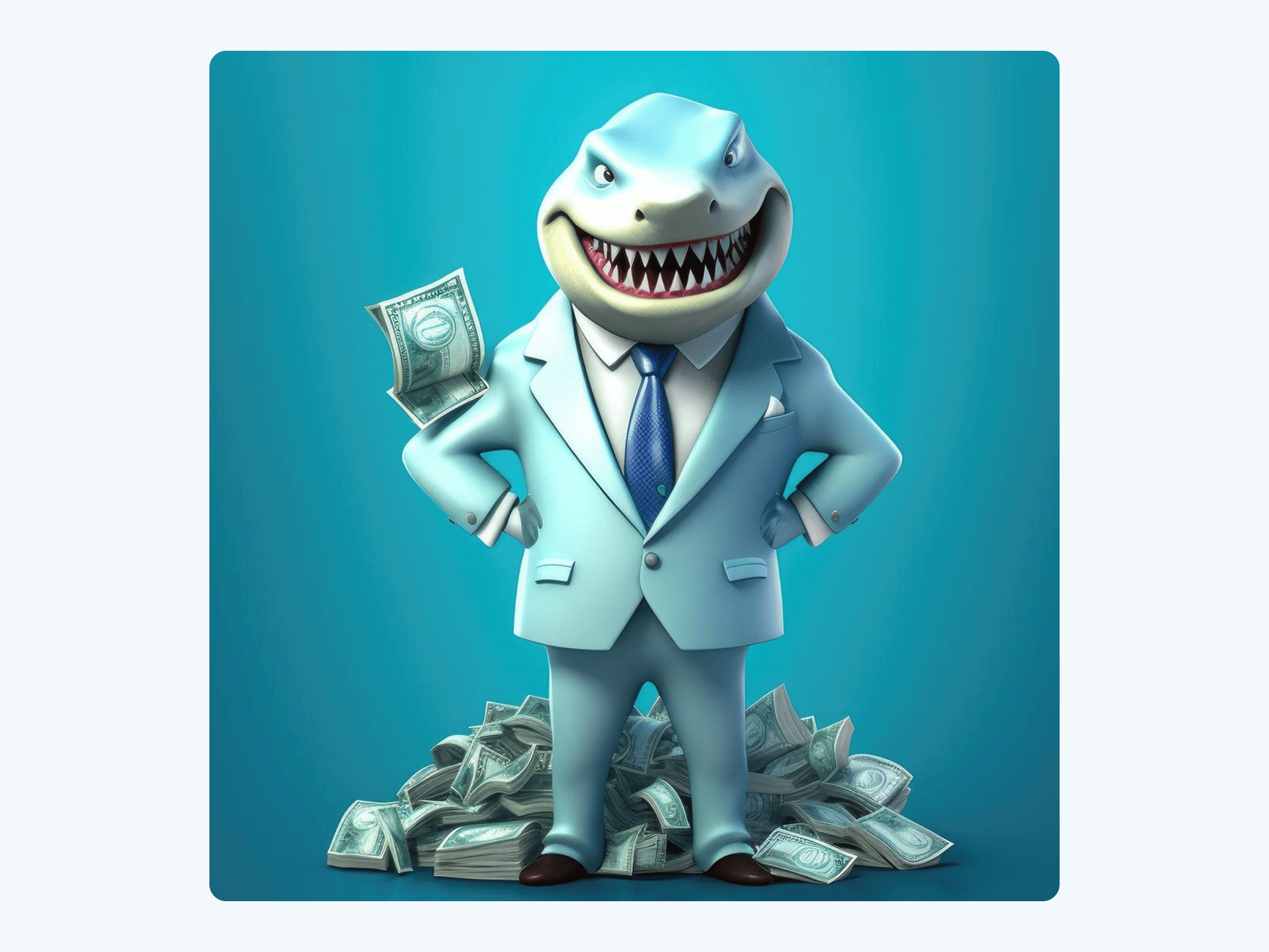 A loan shark costume made of an inflatable shark costume and a money suit