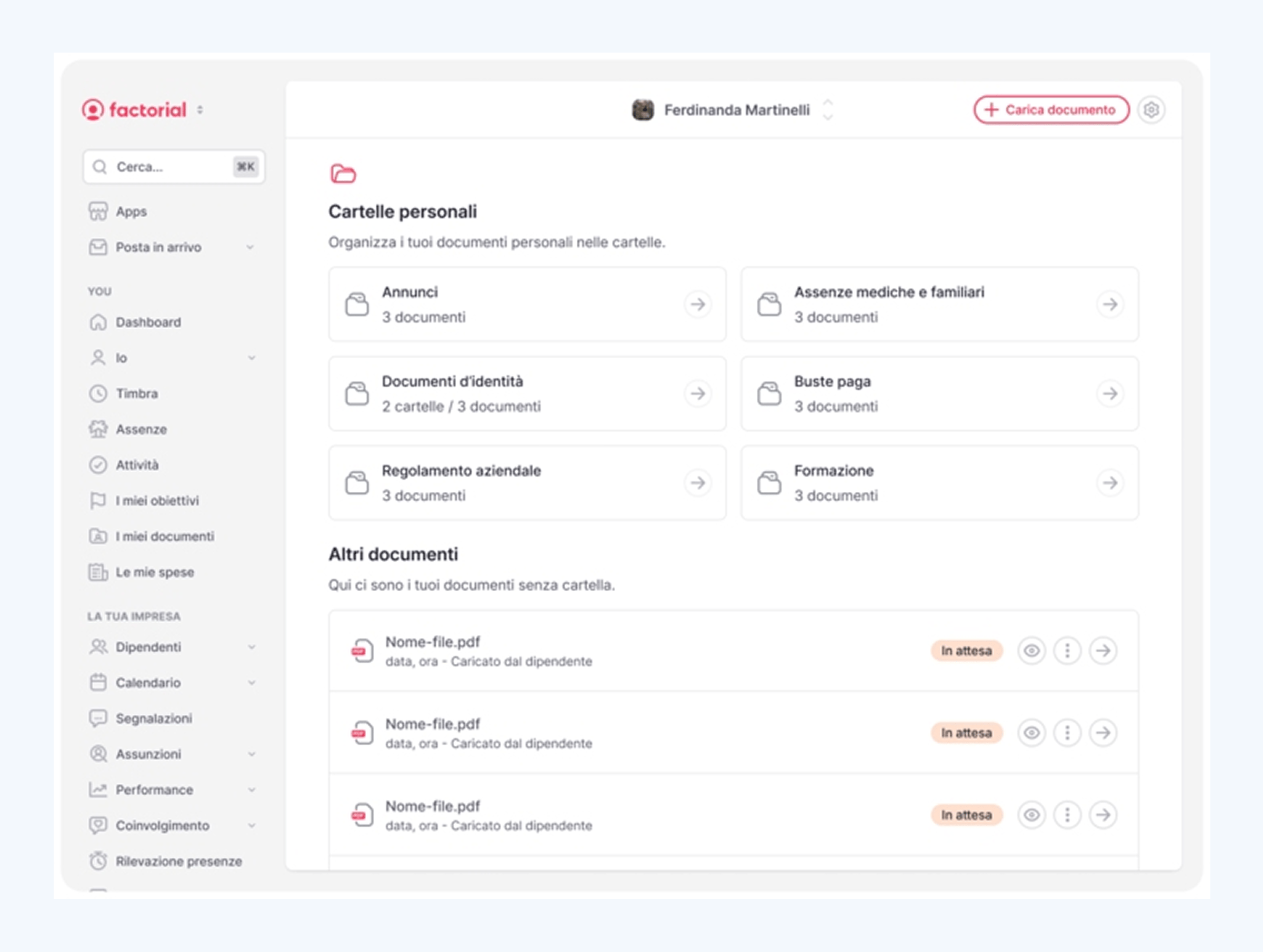 Screenshot della dashboard Factorial per la gestione documentale e archiviazione dei documenti aziendali