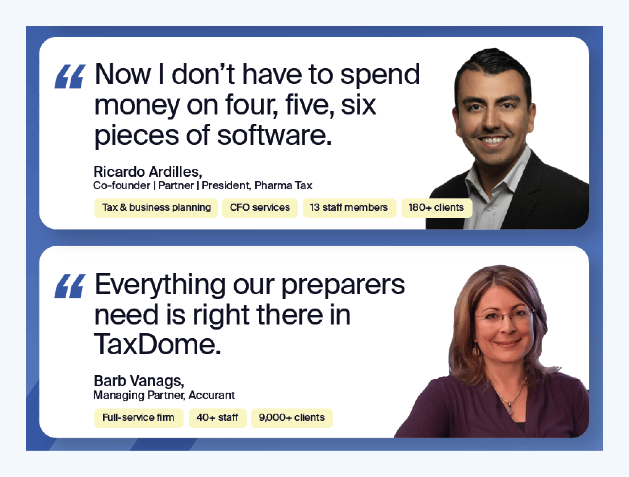 Screenshot of customer reviews highlighting positive feedback about TaxDome