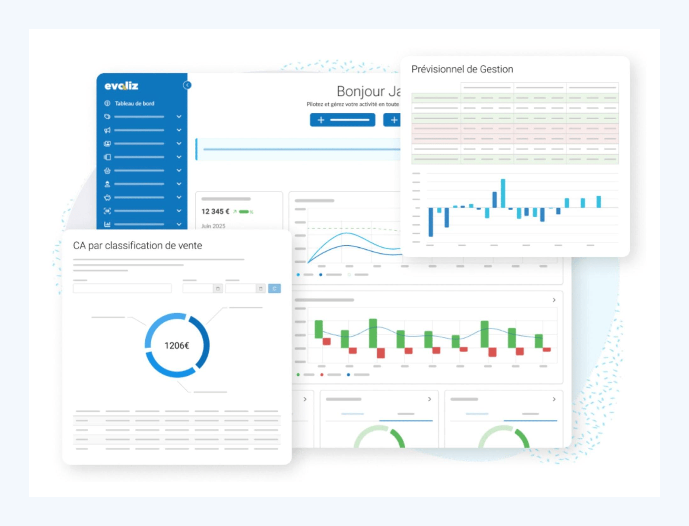 A composite of reporting dashboards in Evoliz