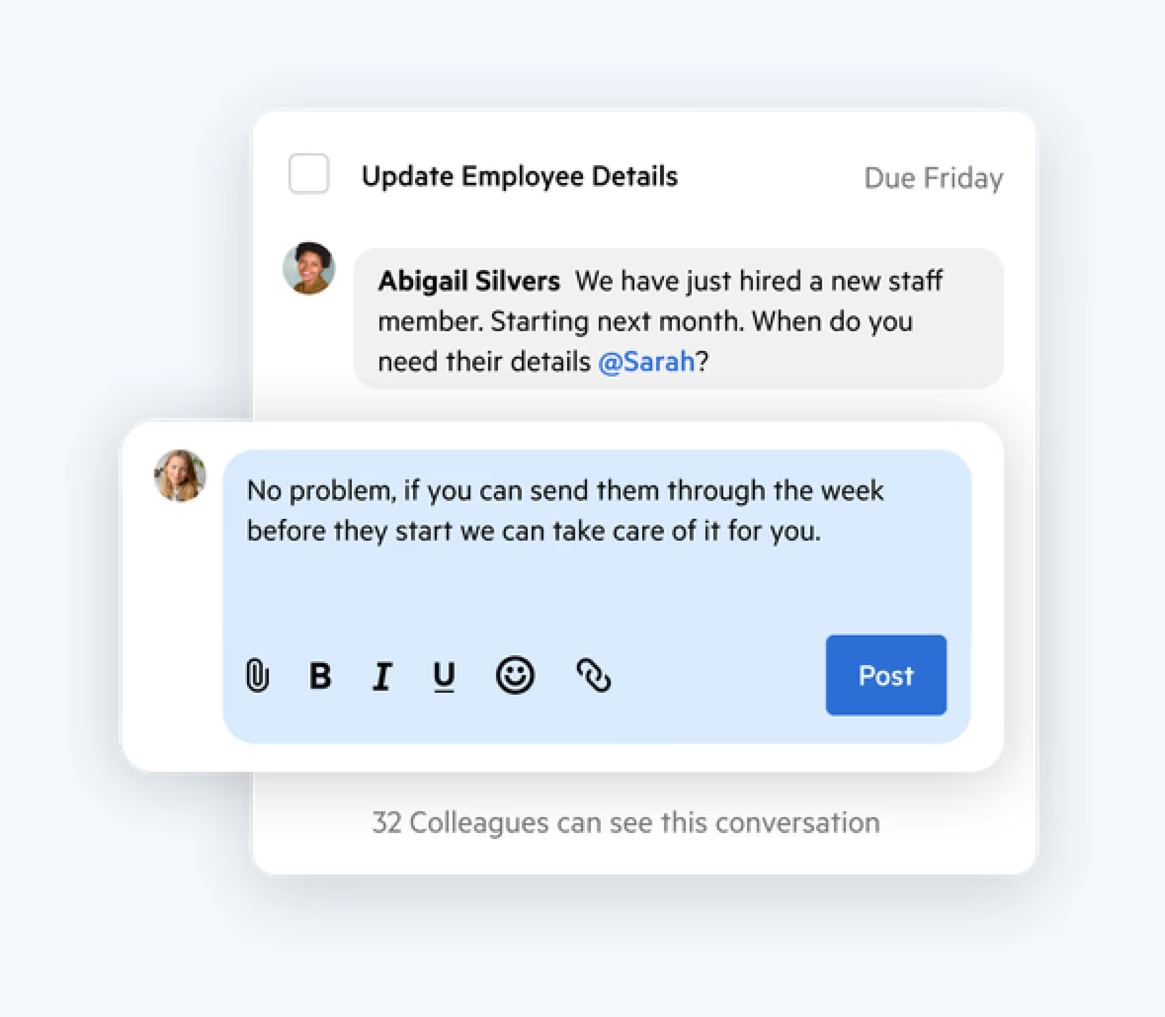 Karbon internal team messaging and mentions