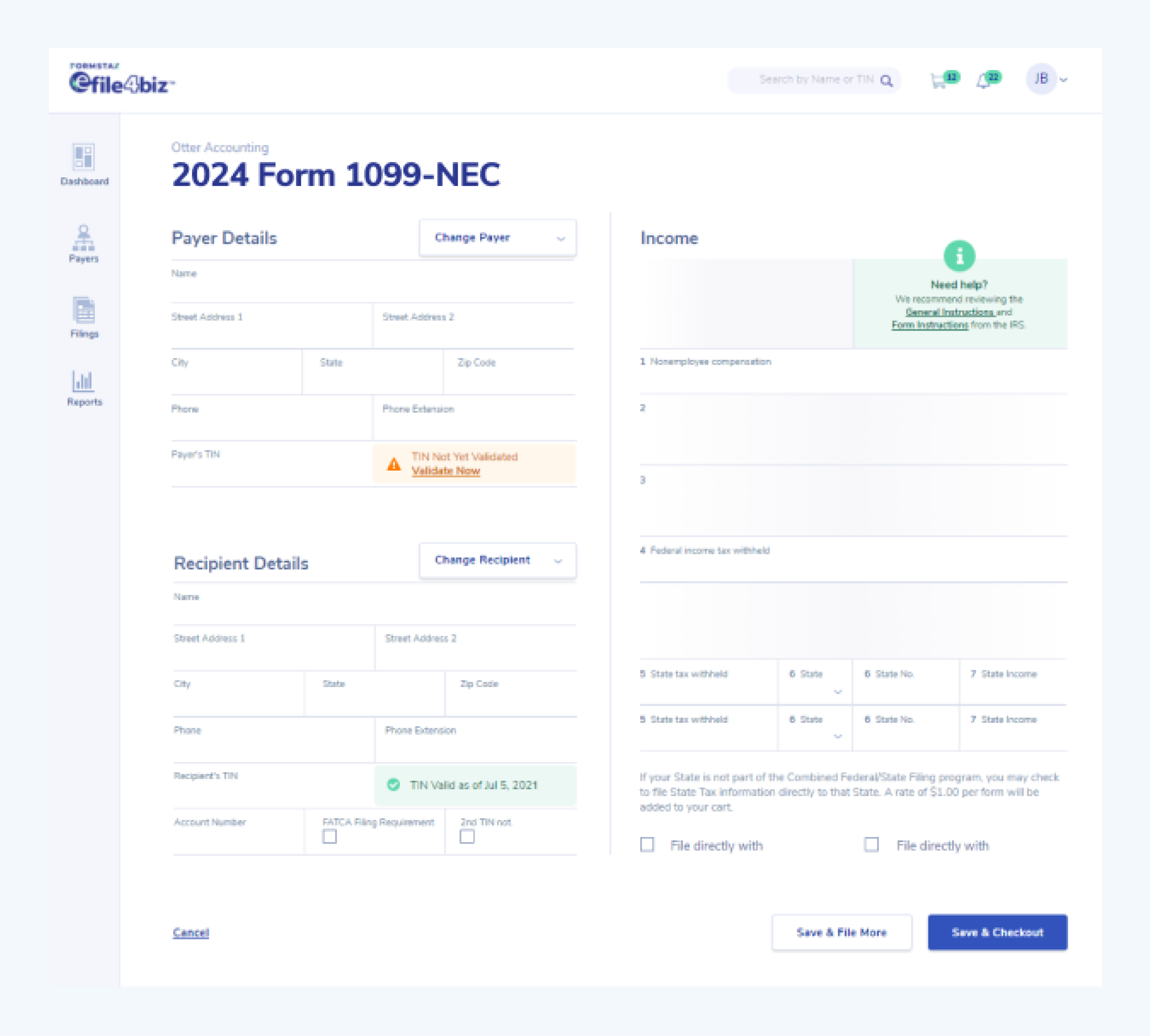 Screenshot of eFile4Biz interface displaying 1099-NEC form