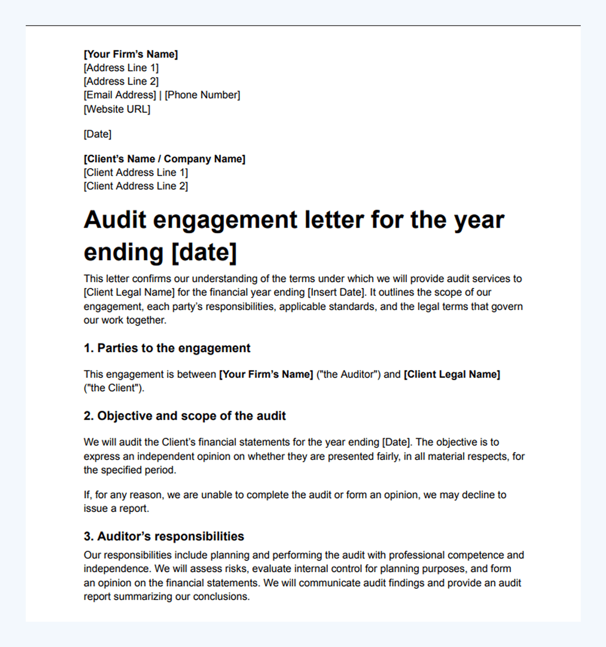Screenshot of a customizable audit engagement letter template