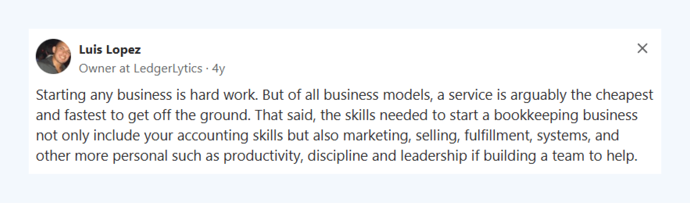 Screenshot of a comment listing the skills needed to start a bookkeeping business