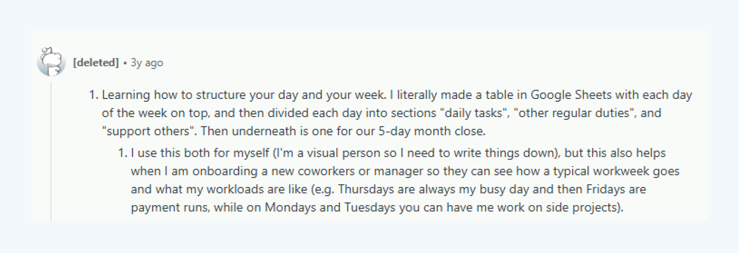 Reddit comment explaining structured task planning for accountants