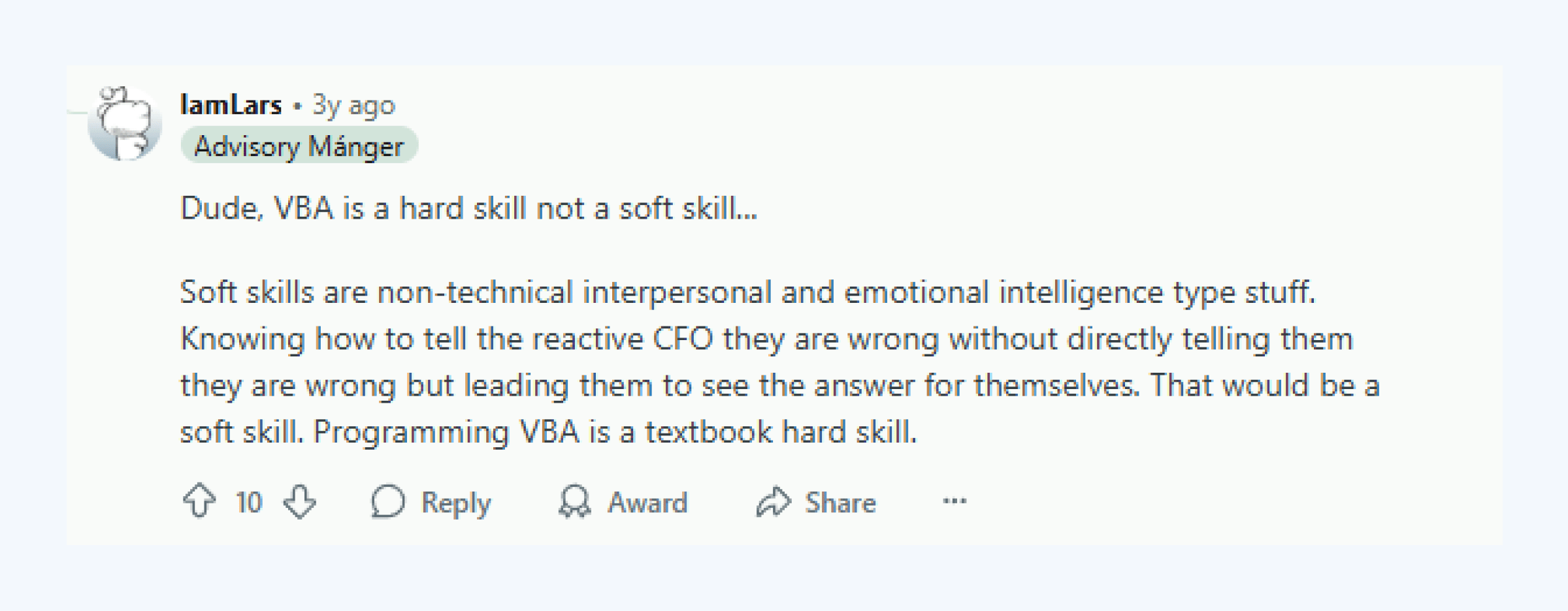 Reddit comment about using emotional intelligence in accounting