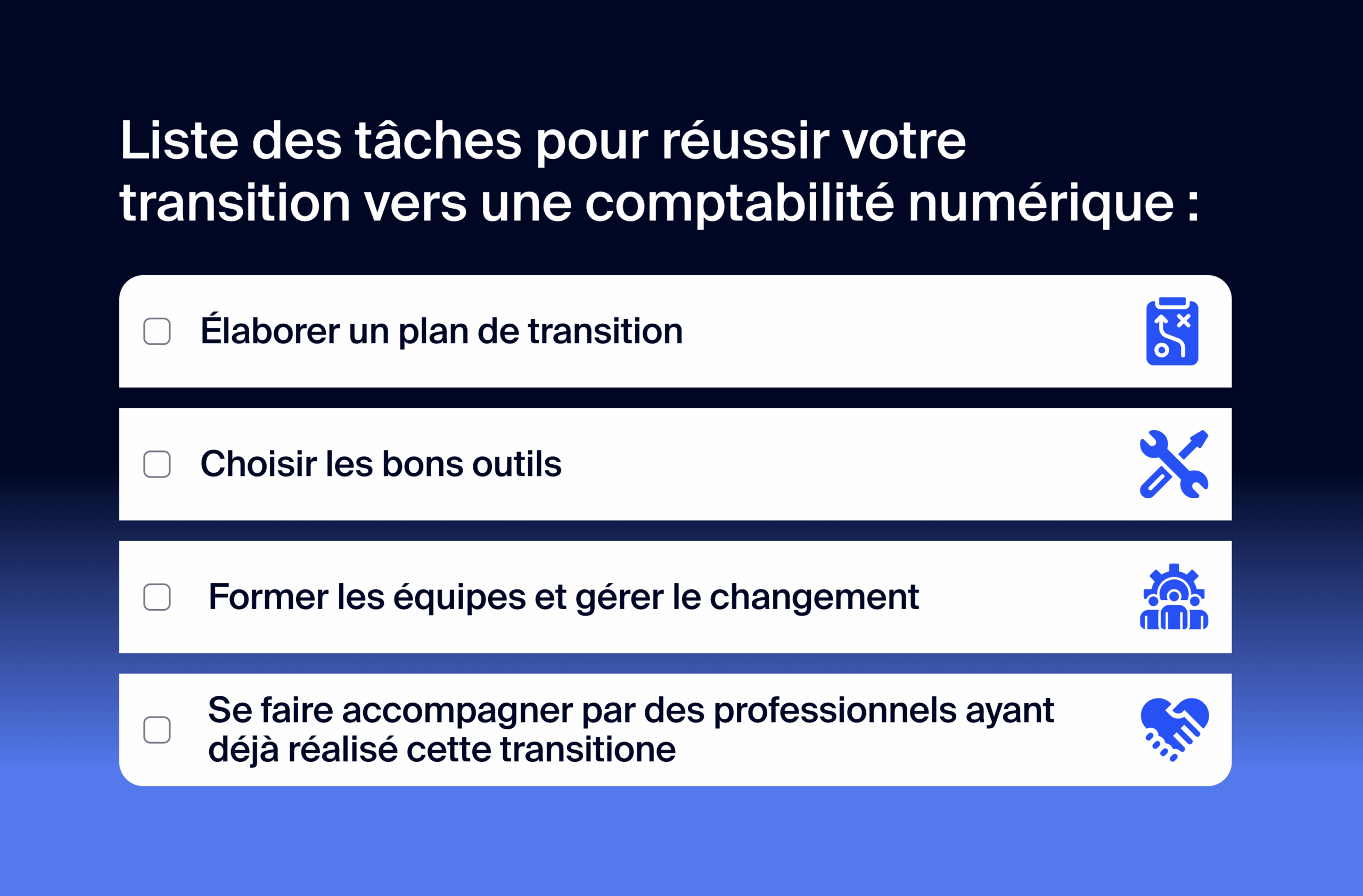 Graphique contenant une liste de contrôle pour faciliter le passage à la comptabilité numérique