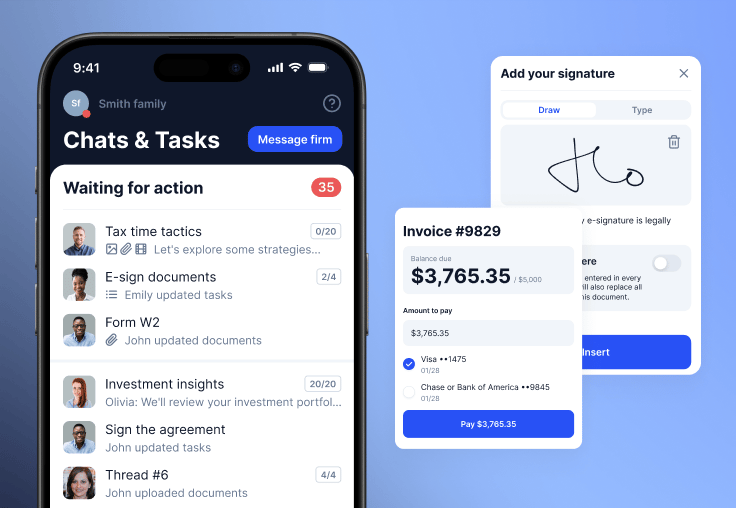 TaxDome’s top-rated client mobile app for tracking tasks, e-signing documents, and paying invoices.