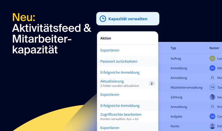 Neu: Aktivitätsfeed und Mitarbeiterkapazität — Verfolgen Sie Aktivitäten und optimieren Sie Mitarbeiterperformance kanzleiweit