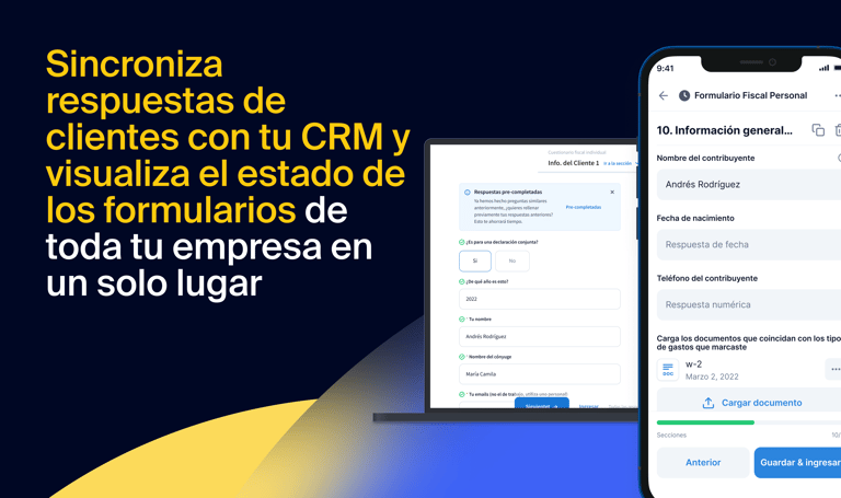 Sincroniza las respuestas de los clientes directamente con tu CRM y visualiza el estado de todos los formularios en un solo lugar