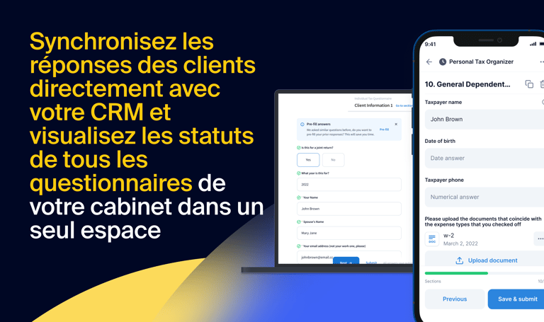 Synchronisez les réponses des clients directement avec votre CRM et visualisez les statuts de tous les questionnaires de votre cabinet dans un seul espace.