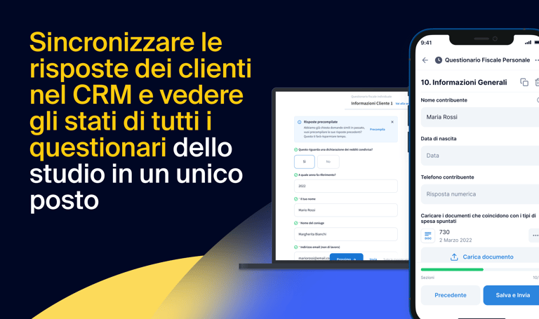 Sincronizzare le risposte dei clienti direttamente con il CRM e visualizzare gli stati di tutti i questionari dello studio in un unico posto