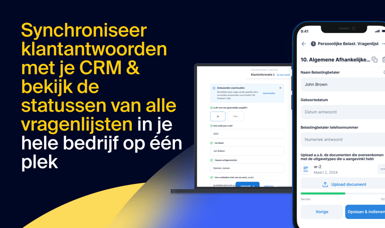 Synchroniseer klantantwoorden direct met je CRM & bekijk de statussen van alle vragenlijsten in je bedrijf op één plek
