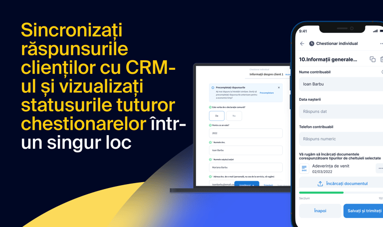 Sincronizați răspunsurile clienților direct în CRM și urmăriți statusurile tuturor chestionarelor din firmă într-un singur loc