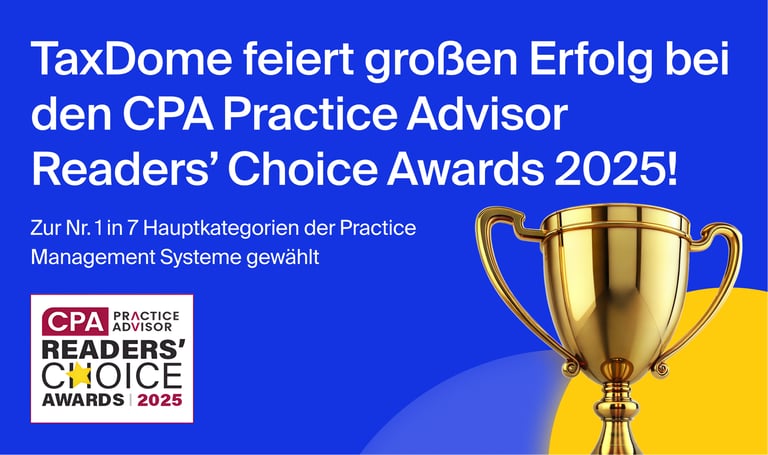 TaxDome gewinnt in 7 Kategorien bei den CPA Practice Advisor Readers’ Choice Awards 2025.