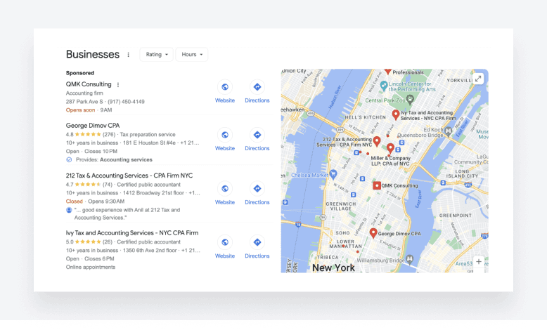Google search results, showing businesses that have registered with Google My Business.