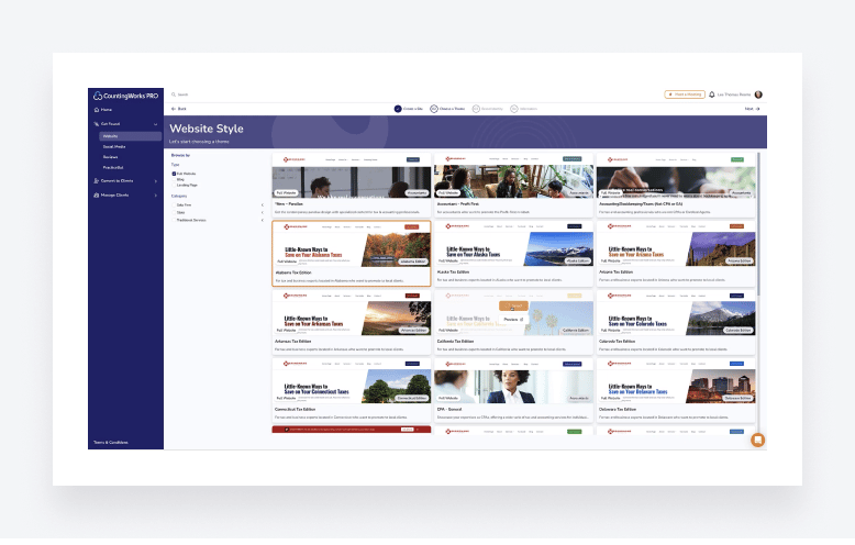 A screenshot of CountingWorks PRO's website builder for accounting and bookkeeping firms.
