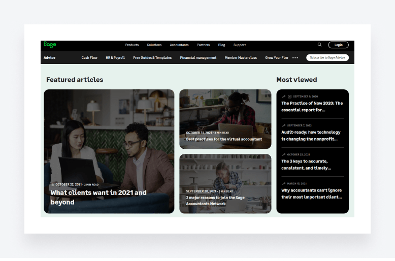 Screenshot of the Sage blog, offering accounting articles.