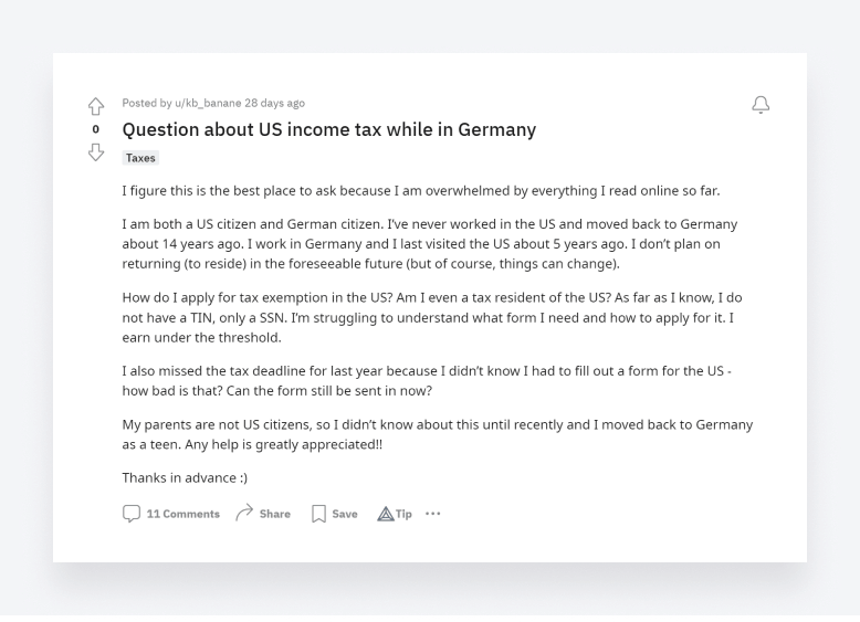 A tax-related question from the r/expats subreddit.