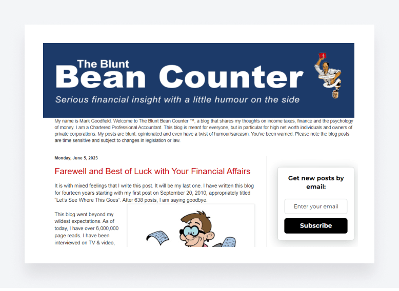 Screenshot of The Blunt Bean Counter blog.