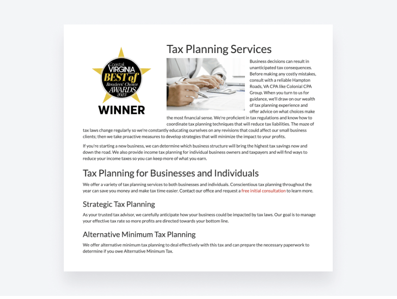 A screenshot of an accounting web page, showing how the keyword "tax planning services" is used throughout to improve SEO.
