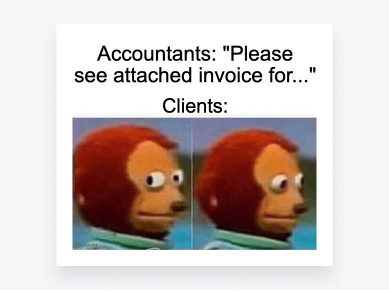 Text caption “Please see attached invoice for…” underneath a man looking away. (78 characters)