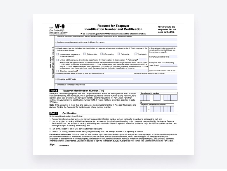 All three sections of Form W-9 for providing US person details, Taxpayer Identification Number (TIN) and Certification.