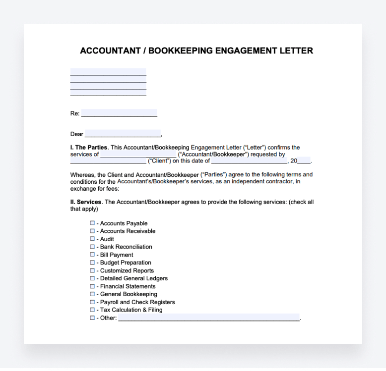 A sample of an accounting engagement letter that includes bookkeeping services.