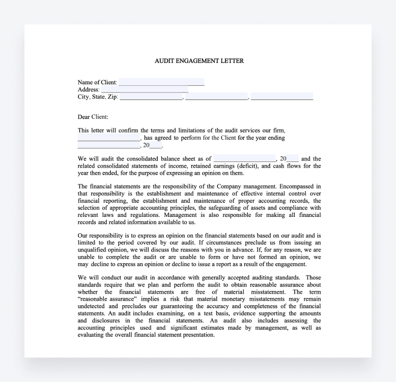 An example of an audit engagement letter that can be duplicated or used for inspiration.