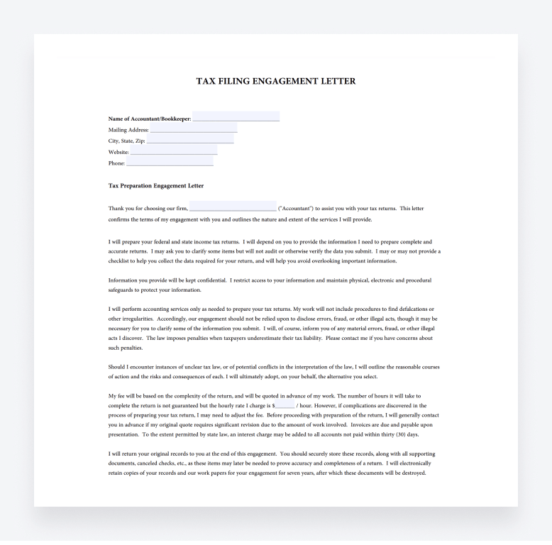 An example of a tax filing engagement letter that can be duplicated or used for inspiration.