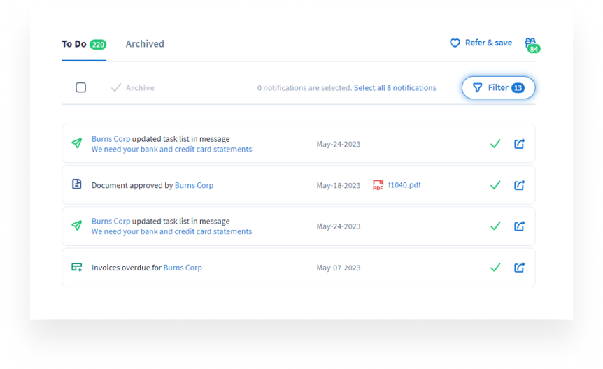 Inbox+ : centre de notification personnalisé de l'activité du cabinet et des clients